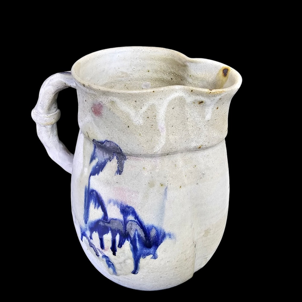 Vintage Large Stoneware Jug Studio Pottery Cobalt Foiliate 64oz Half Gallon